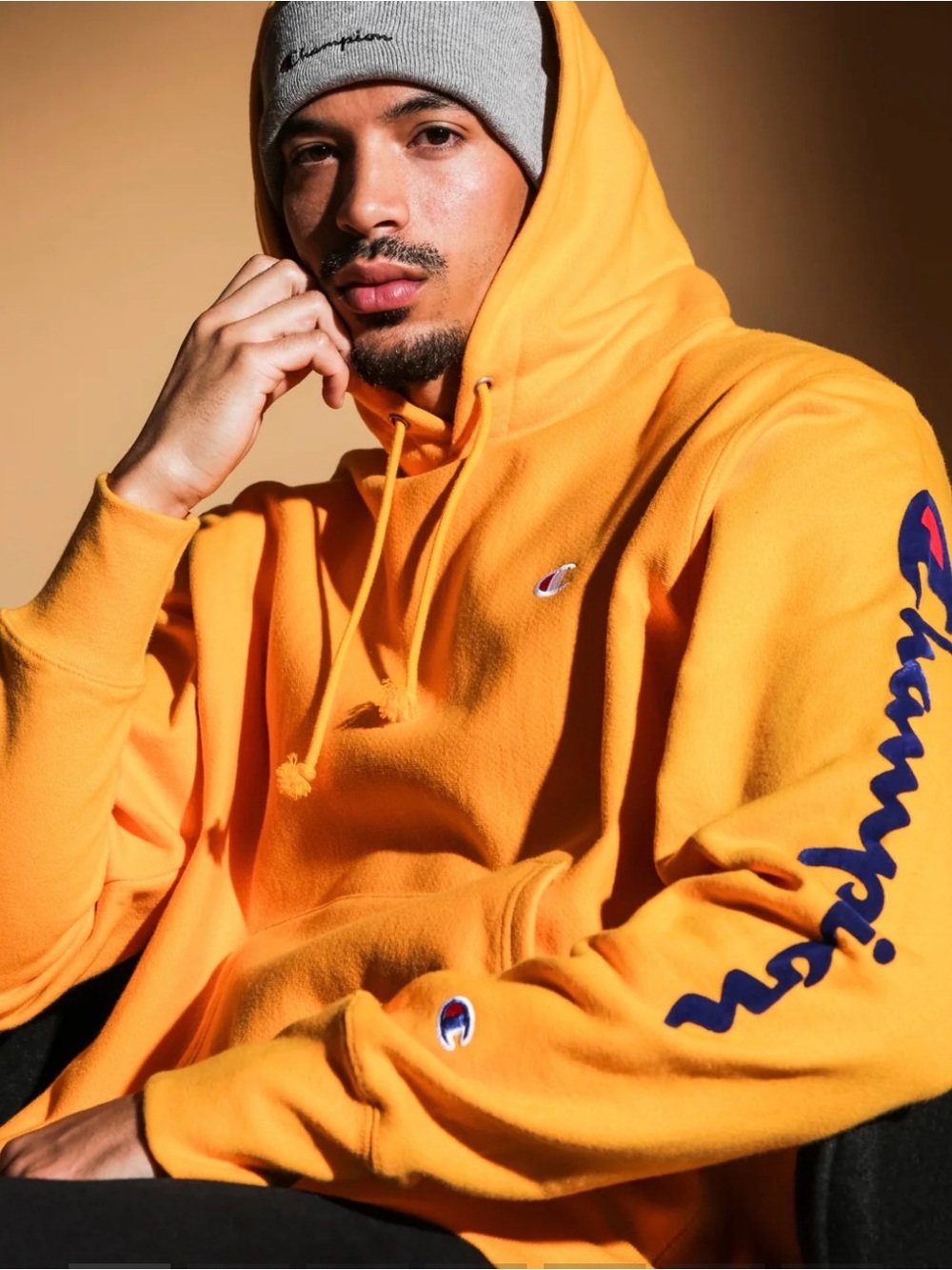 Champion Bright Yellow Hooded Pullover with Reverse Weave Script Sleeve
